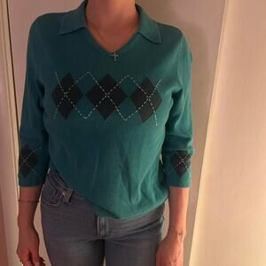 Vintage teal argyle collared sweater